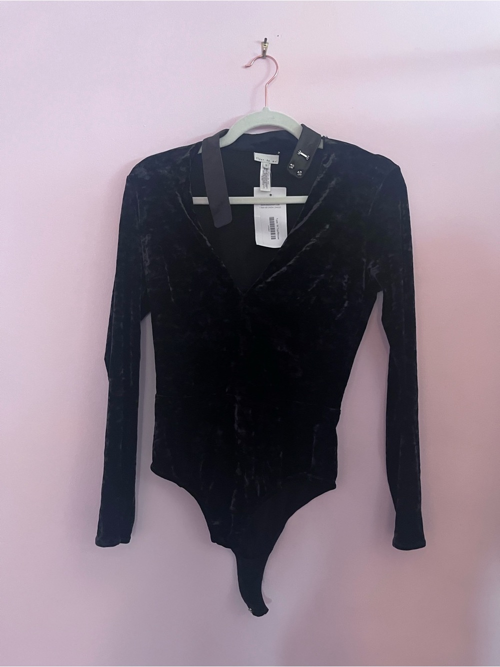 Fleur du Mal Black Velvet Long-Sleeve V-Neck Bodysuit